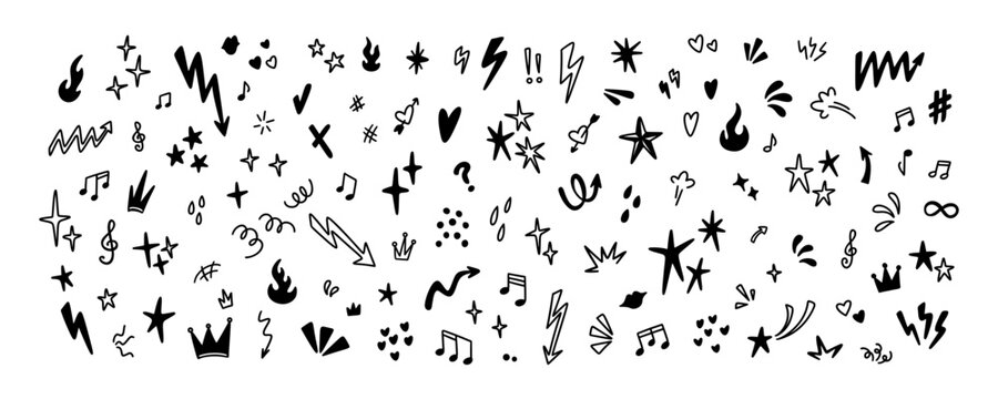 Set of handwriting doodle icons. Star, heart, twinkle, crown, glitter, emphasis crayon scribble. Emo grunge sketch. Punk rock music hand drawn background. Vector illustration in y2k style