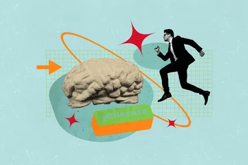  Art image full 3d pop photo collage of happy girl guy run brain organ artificial intelligence app software button generate © deagreez