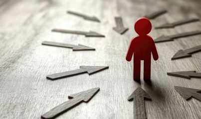 Red figurine standing amidst multiple gray arrows on a wooden surface