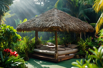 tradisional thatched roof gazebo with mattresses in a tropical garden