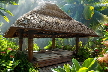 tradisional thatched roof gazebo with mattresses in a tropical garden