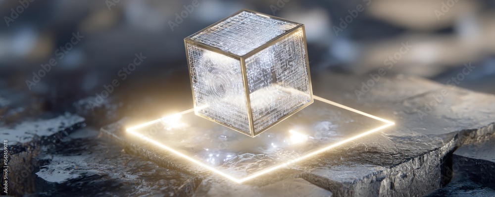 Poster a glowing cube resting on a square platform surrounded by a rocky surface in a blurred background