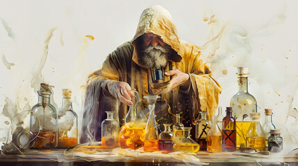 watercolor painting style Ancient alchemist