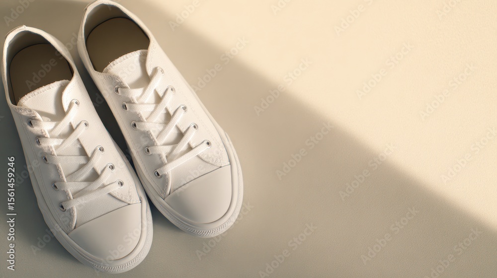 Poster a pair of pristine white sneakers resting on a soft surface with gentle shadows highlighting their s