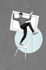 Sketch vertical photo pop collage of happy businesswoman businessman stand office room stool...