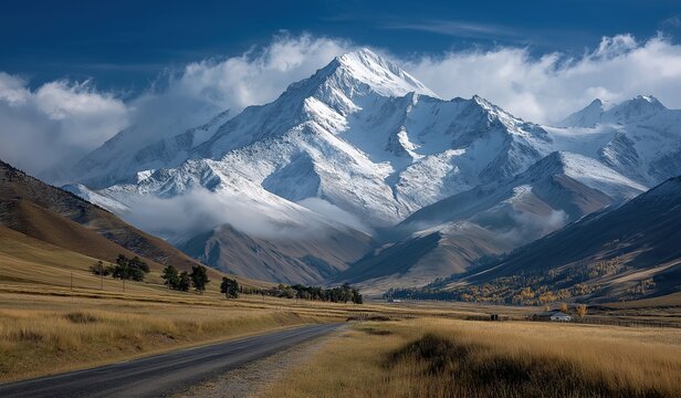 Majestic snow capped mountain range towering over open field with winding road leading towards peaks surrounded by lush greenery and golden grasses under blue sky with swirling clouds