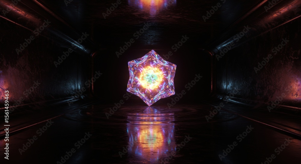 Poster illuminated crystalline structure hovering in a dark metallic cavernous space generating mystique