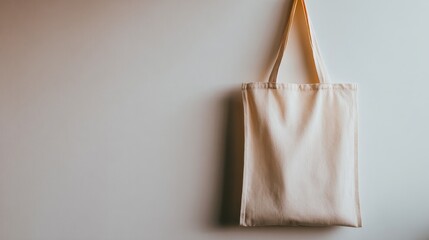 Plain cotton tote bag hanging against a minimalistic wall, showcasing simplicity and versatility