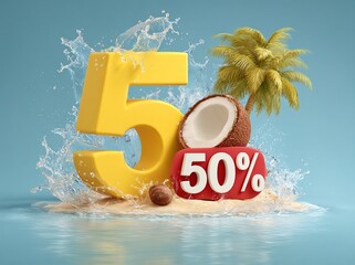 3D yellow number 5.5 and 50% off promotion red sign placed on splashing sea water with a coconut tree in the background for summer sale and mega sale advertising design, vector 3D illustration