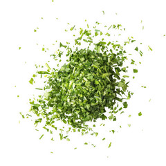 Obraz premium Finely chopped fresh parsley explosion isolated on transparent background