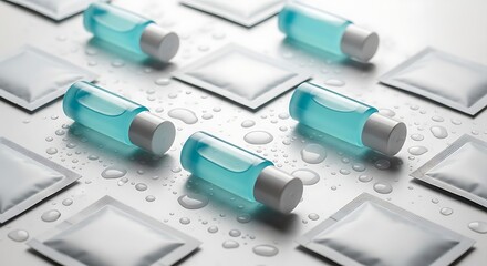 Glossy teal tubes lie motionless on a metallic surface adorned with dewdrops and squares.