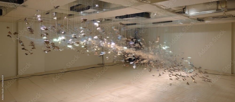 Poster silver objects hanging from the ceiling in a room creating an art installation with a modern design