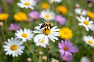 Obraz premium Macro photograph capturing a bee pollinating a wildflower in a meadow