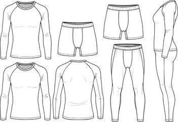 Men and women thermal underwear technical sketch, cad drawing, flat vector illustration, front back side view, fashion garment design template