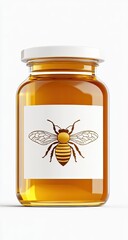 Clear glass jar of honey with a bee graphic