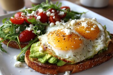 Avocado toast with fried eggs and salad healthy breakfast food photo