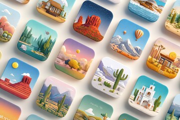 Desert landscape art icons travel destination southwest scenery design