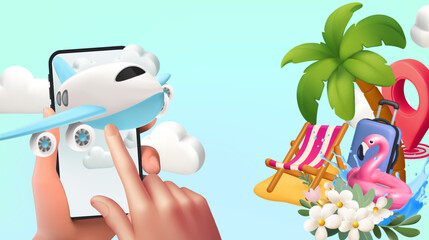 Summer beach landscape, vector sea background, sand, paradise island view, tropical plants, flowers. Airplane tickets Seaside ocean shore vacation travel banner, nature resort illustration.