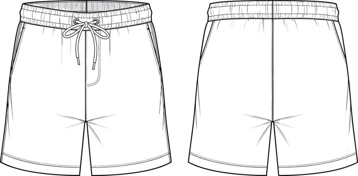Men’s elastic waist shorts flat sketch, front and back view, fashion cad drawing vector template with drawstring and topstitch detail