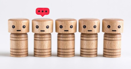 Five wooden figurines, one with a red speech bubble, stand in a row