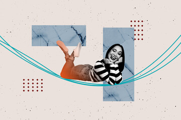 Trend artwork sketch design montage 3D collage of young lady funny smile lying down line...
