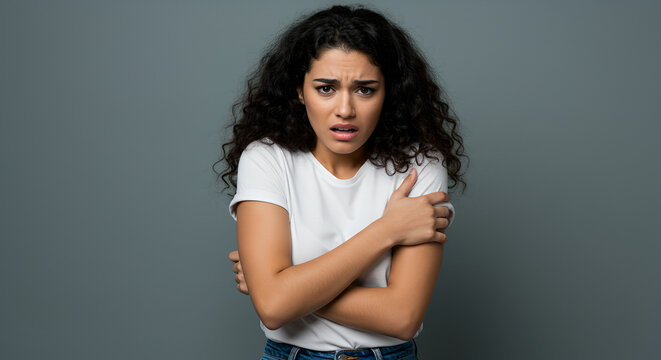 Anxiety woman shivering, hugging herself on gray background