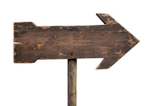 Weathered wooden direction arrow against transparent, pointing right, adds rustic charm with distressed textures and visible wood grain.