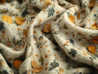 Folded fabric with scattered small leaves, cozy textile and nature union