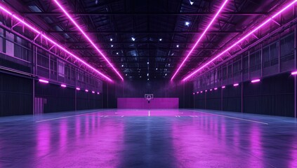 Empty warehouse, neon pink, basketball court