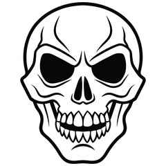 Aggressive Cartoon Skull: Black and White Vector Illustration, Menacing, Graphic Design Element