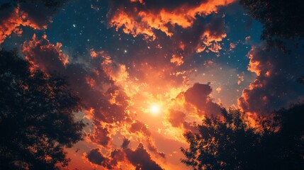 A vibrant sunset with a fiery sky and scattered stars peeking through the clouds, framed by silhouetted trees.