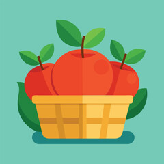 Flat Design Illustration: Red Apples in a Woven Basket, Fresh Harvest, Healthy Eating Concept