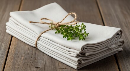 A neatly folded stack of crisp white napkins, tied with a rustic twine bow and garnished with a sprig of fresh green herbs, rests invitingly on a weathered wooden table.