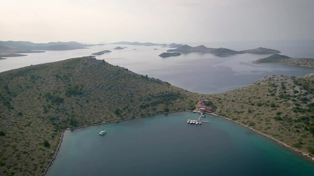 Aerial Kornat Islands in Croatia. Beatiful Islands and colorful water. Sailing paradise