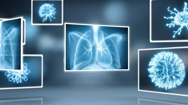 Lung scan hologram displaying virus cells and cancer in futuristic medical environment with advanced diagnostic technology for doctors analyzing cellular health and treatment planning
