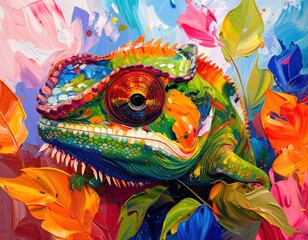 Vivid chameleon portrait with expressive brush strokes and dynamic color palette, showcasing reptilian beauty in an artistic way.