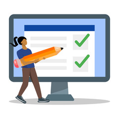 Business woman marks on online survey document with giant pencil. Online checklist form for feedback or questionnaire pool. Flat vector illustration.