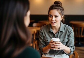 Young Woman Engaged In A Deep Conversation While Holding A Coffee Cup And Sitting Across From A Friend In A Cafe, Socializing, Friendship, Coffee Break
