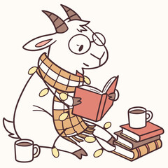 Delightful Grumpy Pygmy Goat in a Bookworm Day scene with wrapped in fairy lights – Cozy Reading vector illustration