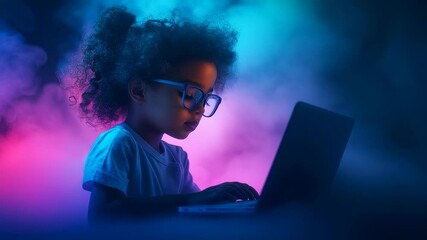a focused young african american girl engrossed in using her laptop surrounded by a vibrant atmosphere of colorful clouds - Powered by Adobe