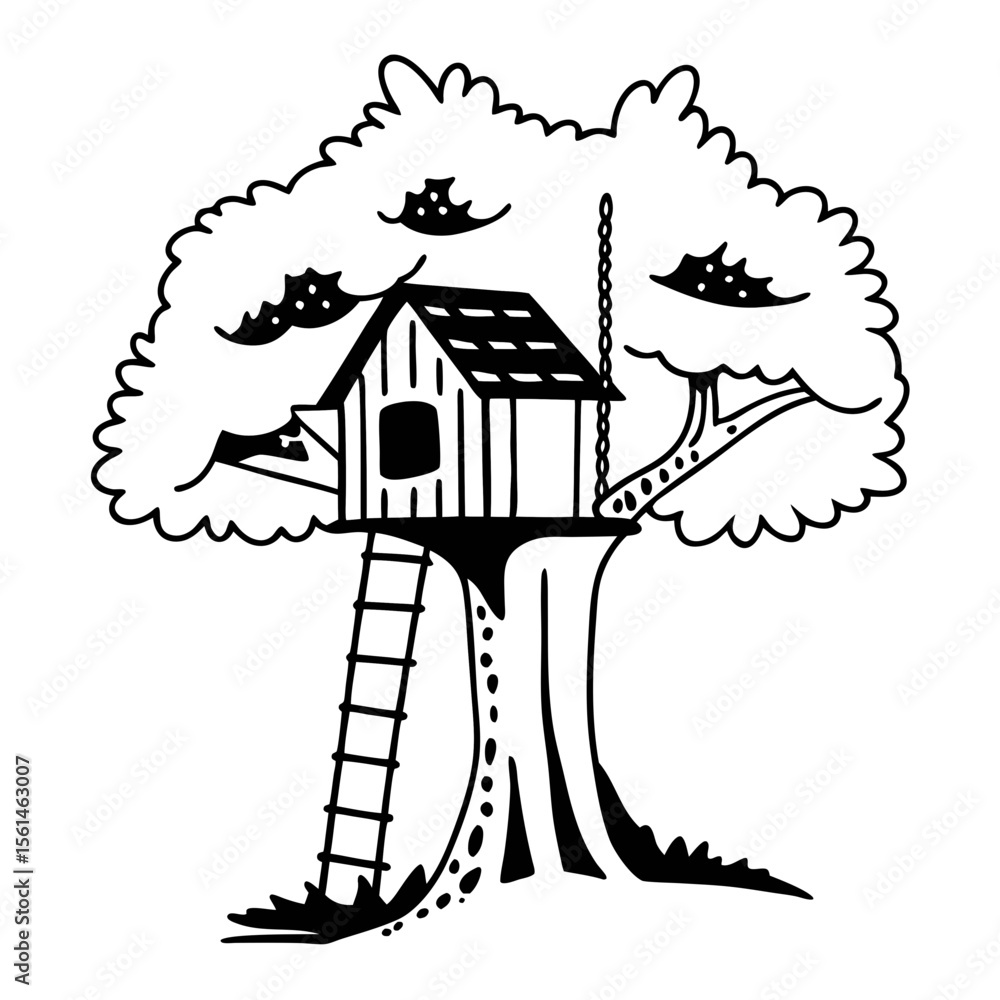Poster treehouse vector illustration tree house in tree with swing and ladder