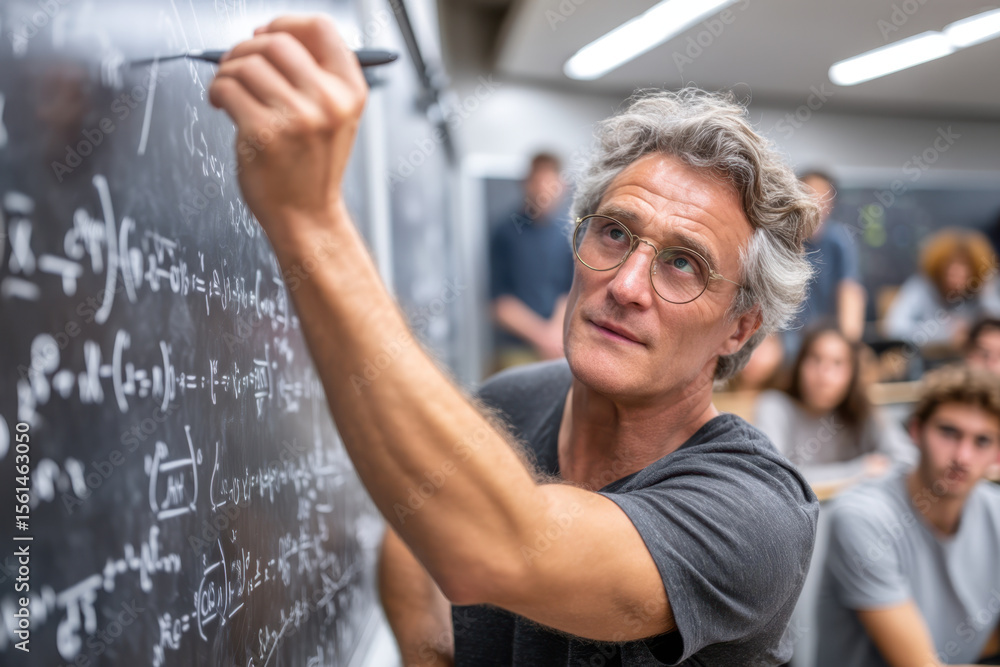 Poster professor teaches mathematics concepts in an interactive classroom environment