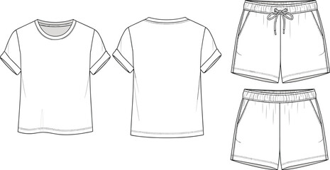 Women’s rolled sleeve t-shirt and drawstring shorts set, cad drawing, flat vector illustration, front and back technical sketch