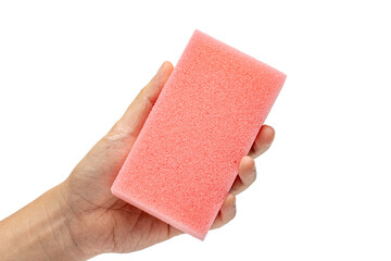 hand holding red sponge isolated in white background