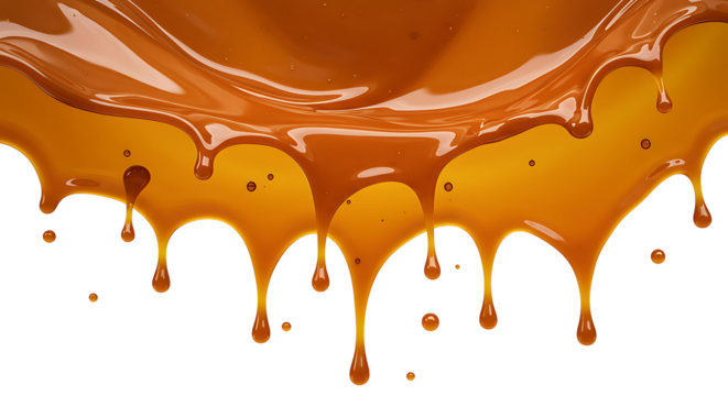 Delicious caramel sauce drips with golden hues, creating a sweet cascade against a transparent background offering versatile usage for designers.