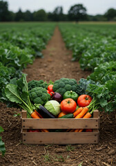 Wooden crate with fresh mixed vegetables on farm field path between green crop rows. Organic harvest and sustainable farming concept