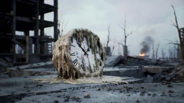 Melting clock on concrete rubble in desolate post apocalyptic cityscape