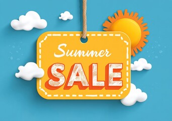 summer sale with sun sign, yellow and orange drawn label, vector. High quality