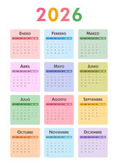 2026 calendar modern classic on Spanish language. Week starts on Monday. Desk or wall A4 vertical calendar in minimalist style