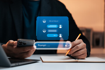 AI chatbot prompt concept showing person holding smartphone and writing notes with artificial intelligence virtual assistant, digital technology, automation, and smart communication solution.